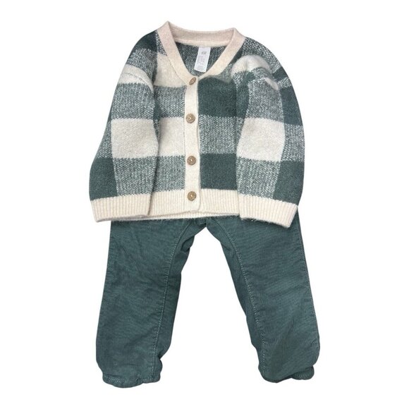 H&M Toddler Boy Set Knit Button Cardigan Lined Green Curdoroy Pants Size 2T - Picture 1 of 11